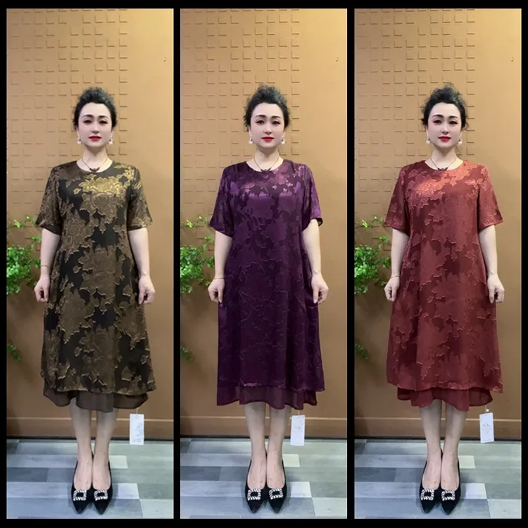 夏季纯色新中式短袖宽松腰连衣裙女装妈妈装长裙裙子中长款时尚