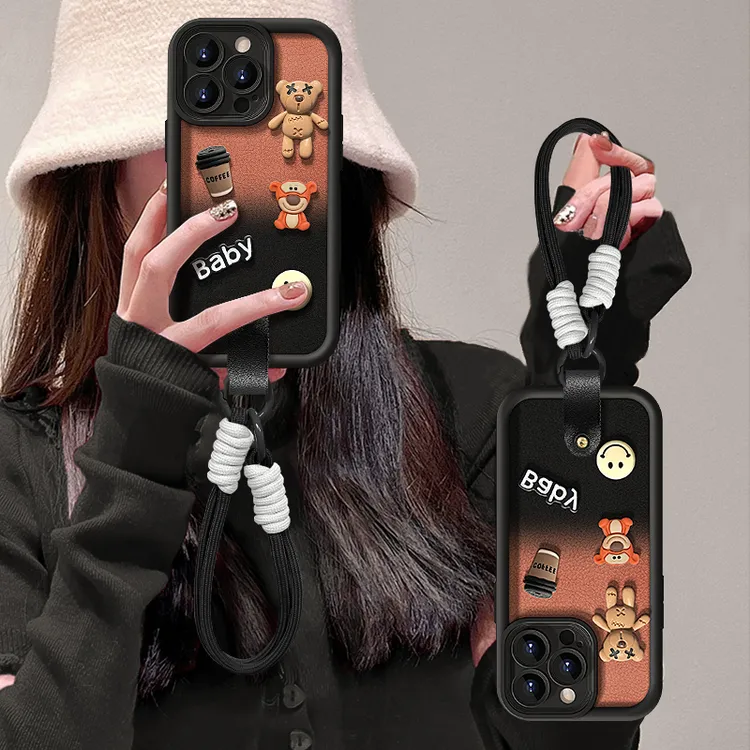 咖啡小熊适用于oppo/vivo/华为/小米/苹果天眼阶梯皮纹防摔手机壳