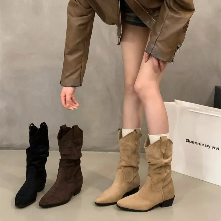 尖头褶皱堆堆靴女2025新款秋冬显瘦中筒复古西部牛仔骑士靴女短靴