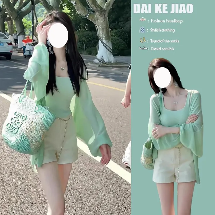 夏季流行穿搭一整套2025新款韩系慵懒风垂感开衫吊带短裤三件套装