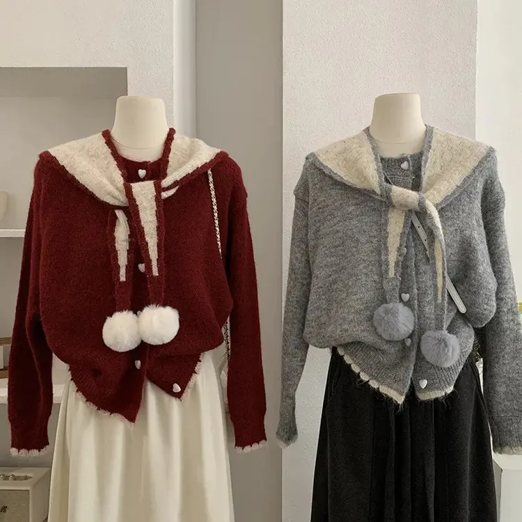 学院风复古甜美日系撞色设计感开衫毛衣针织衫上衣冬季宽松毛球