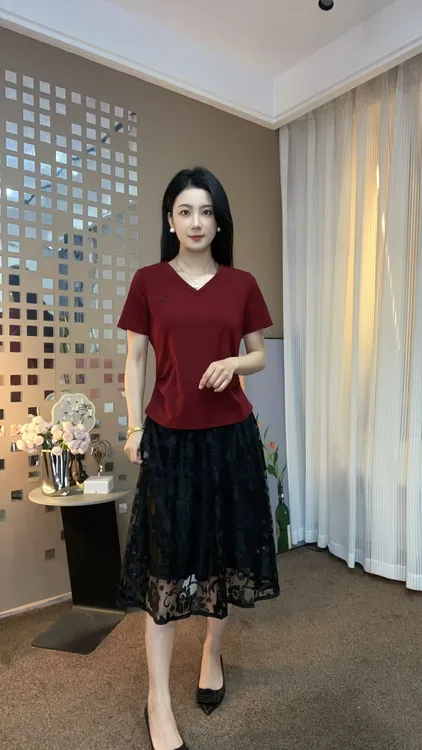 2025夏季新款V领简约刺绣气质精品洋气时尚减龄显瘦短袖小衫T恤