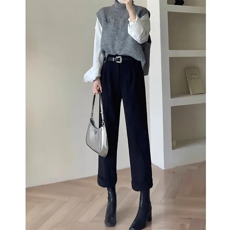 高级感黑色毛呢西装裤女2025秋冬新款小个子高腰直筒九分烟管裤子