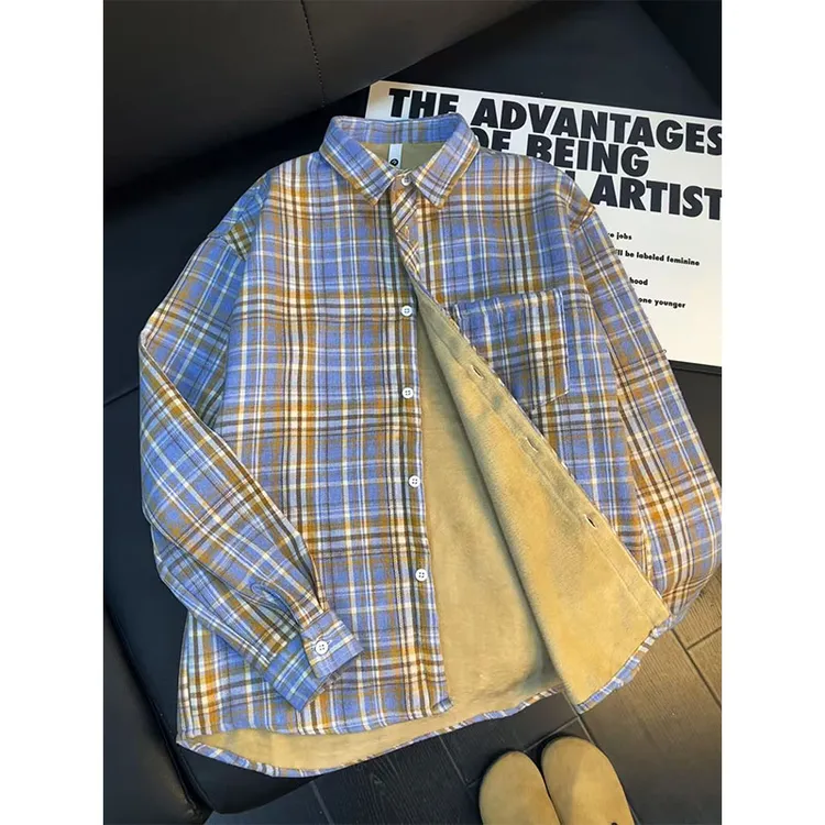 vintage黄格子衬衫男长袖冬季加绒加厚情侣外套美式复古叠穿衬衣