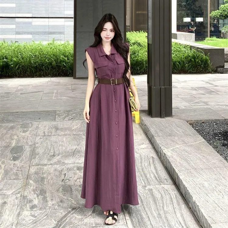 2025夏季爆款翻领时尚无袖衬衫连衣裙显瘦收腰高级感气质ins长裙