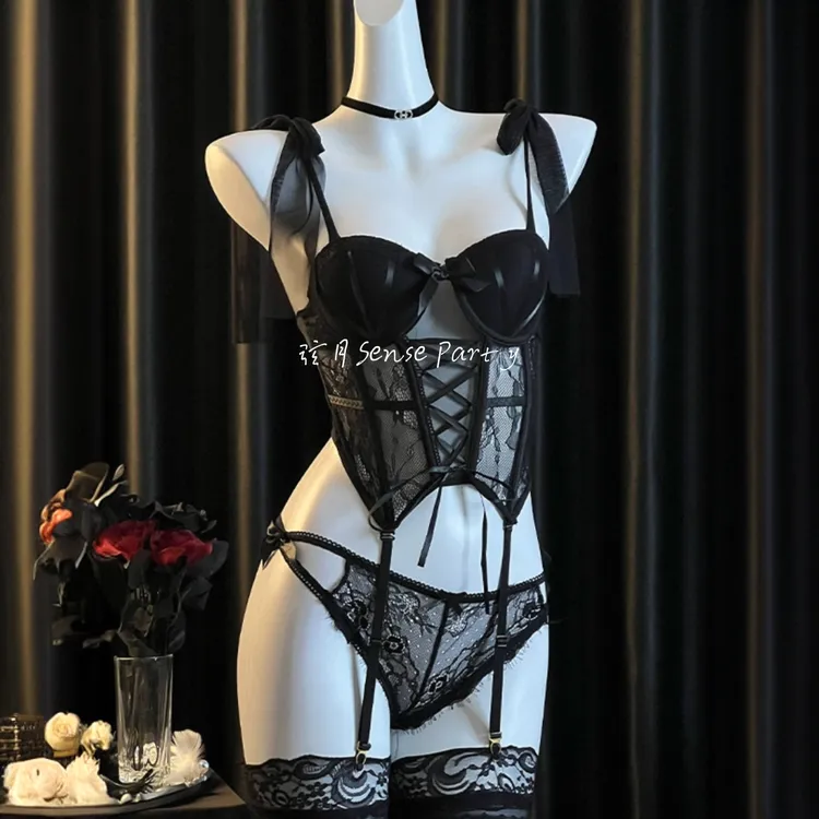 弦月黑色性感蕾丝马甲套装女带胸垫聚拢吊带睡衣女款爆款2025新款