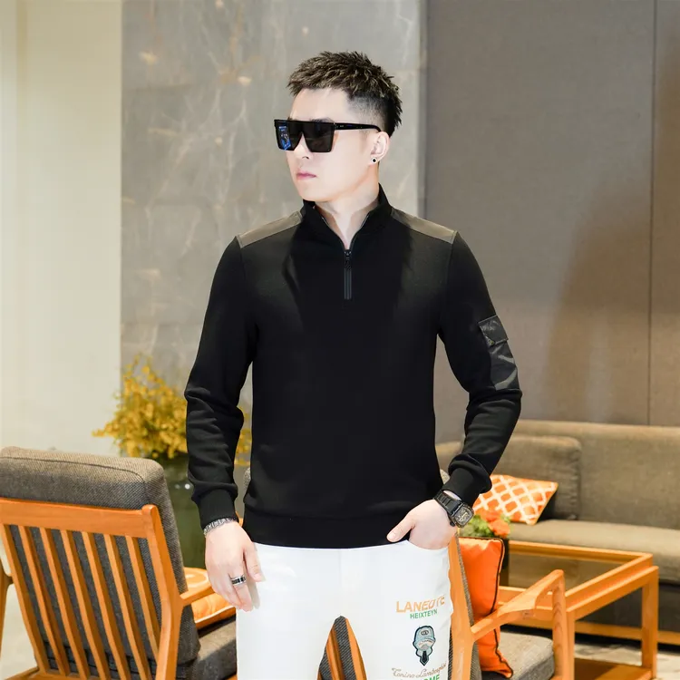 高端山羊绒混纺重磅半拉链立领黑色痞帅修身卫衣袖子口袋款35021