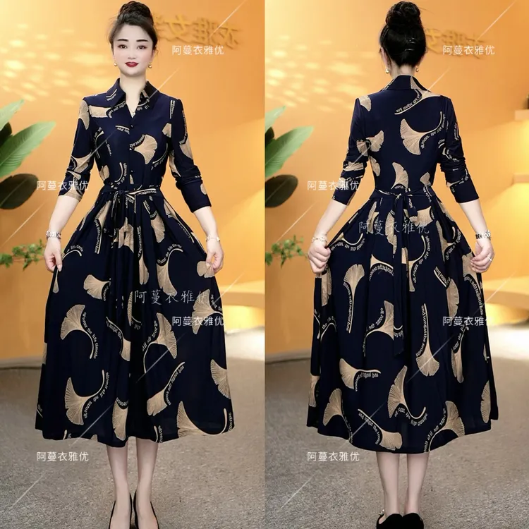 【衣雅严选】8068-1695#新款衬衫领冰雪丝弹力缎面系带显瘦连衣裙