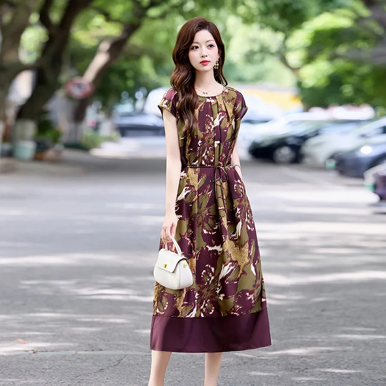 休闲无袖印花连衣裙妈妈薄款2025年夏季新款洋气减龄休闲过膝长裙