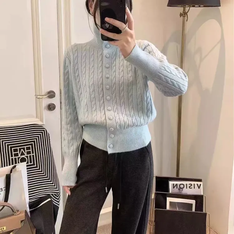 针织开衫女2025秋季新款女装潮麻花单排扣高领打底毛衣外套女
