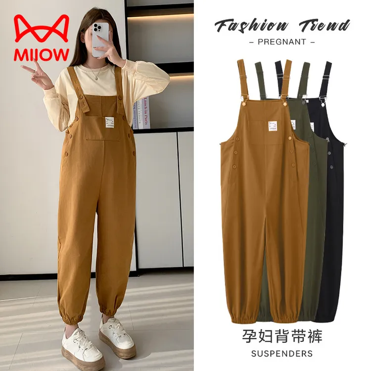MiiOW/猫人孕妇裤子春秋季外穿背带裤春秋吊带阔腿裤大码孕妇秋装
