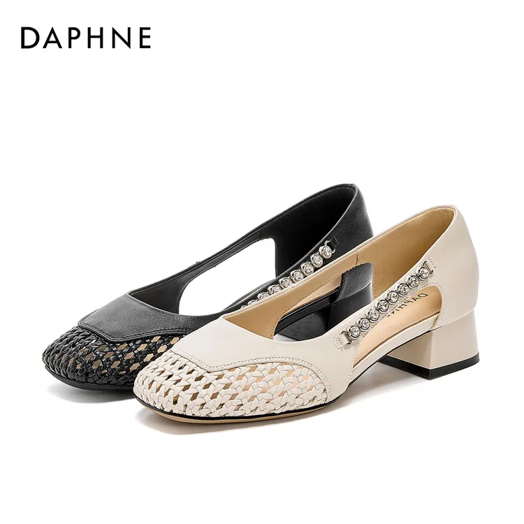 达芙妮女式纯色舒适时尚休闲百搭夏季粗跟厚底复古英伦风圆头单鞋