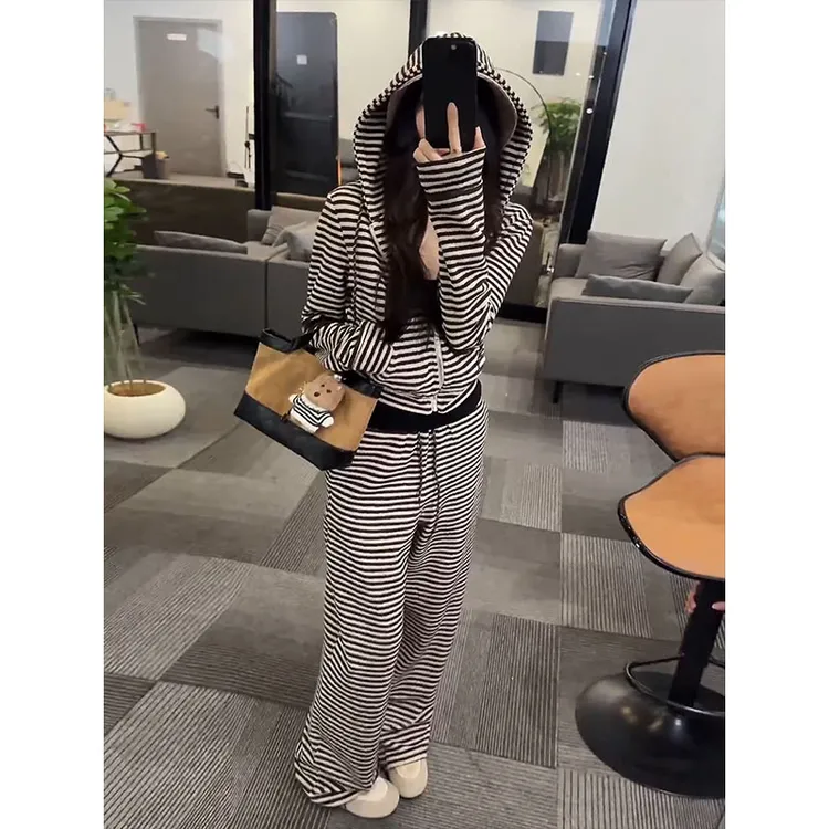 轻熟风条纹外套阔腿裤两件套秋冬新款韩系减龄设计感休闲显瘦套装