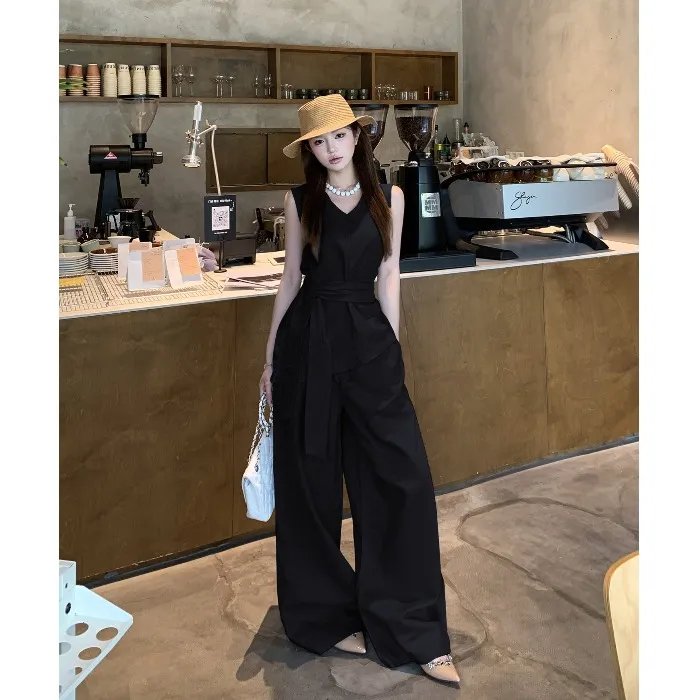 2025夏季新款复古时尚气质V领无袖背心高腰阔腿休闲裤女两件套潮
