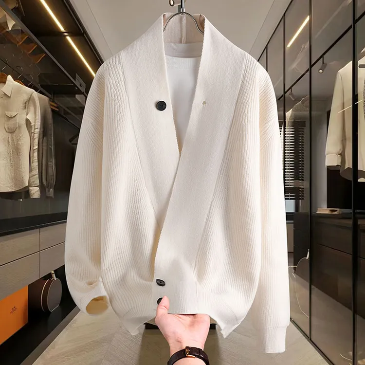 纯色针织衫外套男春秋季新款潮流宽松帅气西装领开衫毛衣男士夹克