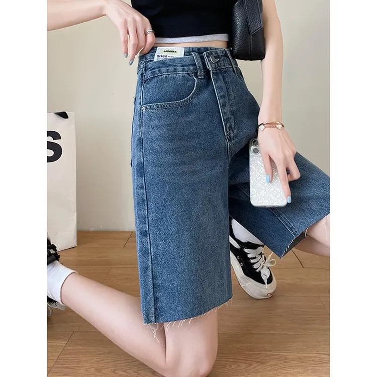 阔腿牛仔短裤女2025年夏季新款爆款高腰美式风复古过膝五分直筒裤