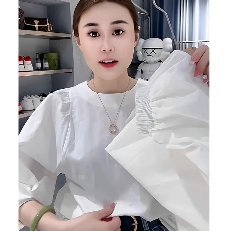 欧货秋季新款白色灯笼袖圆领衬衫女法式气质宽松显瘦洋气时髦上衣