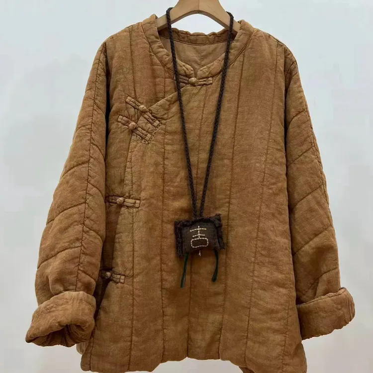 国风秋冬款复古禅意风砂洗亚麻棉衣立领斜襟盘扣棉服长63胸围140