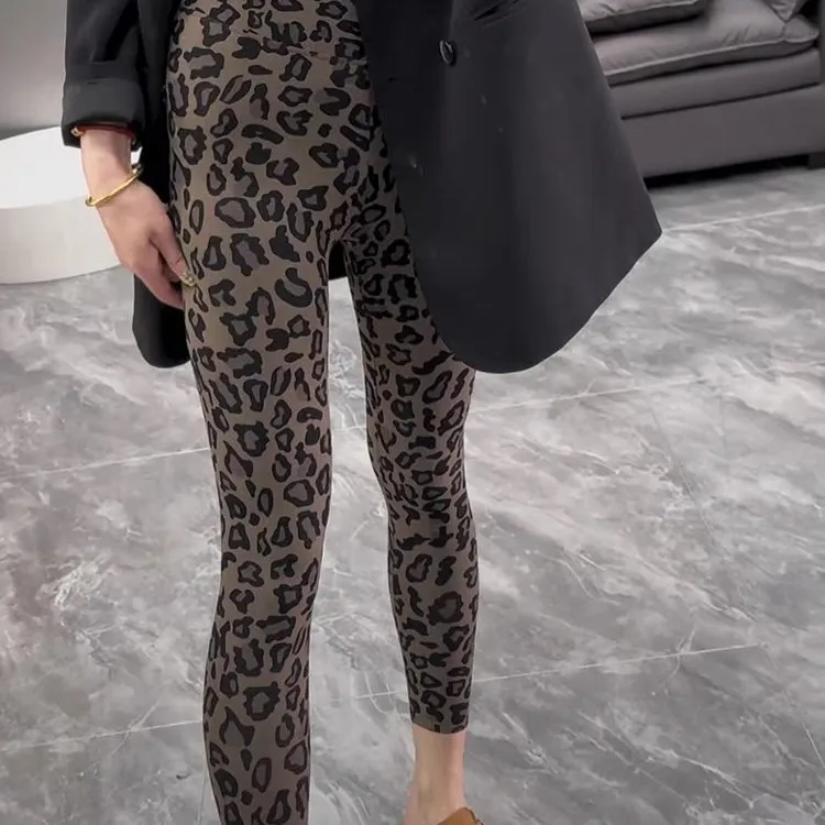 豹纹高腰紧身打底芭比裤9分