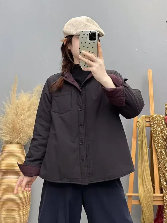 （双面双穿小棉服）纯棉夹棉衬衫宽松百搭小棉服女式翻领休闲棉衣女
