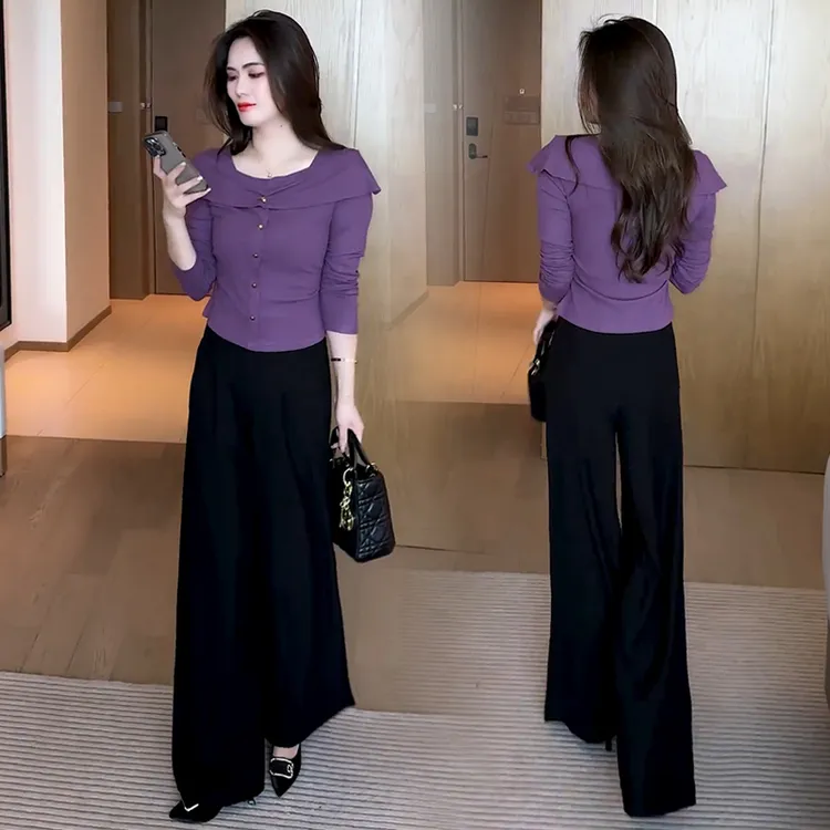 La babite时尚套装女2025秋款设计感休闲上衣显瘦阔腿裤两件套