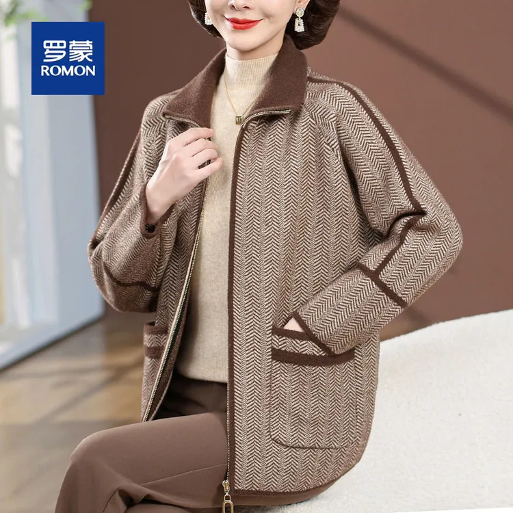 罗蒙妈妈秋装毛呢外套时尚中老年女士双面呢绒开衫老人春秋装衣服