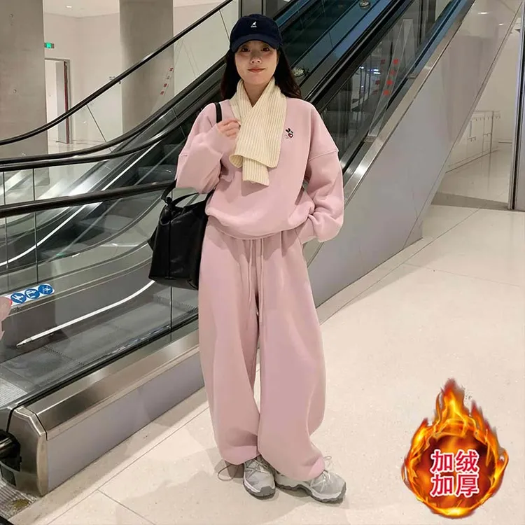 一整套ootd穿搭女2025新款秋冬百搭宽松休闲加绒加厚卫衣卫裤套装
