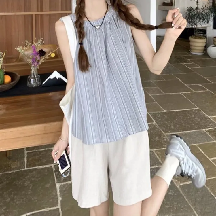 小个子时尚套装女竖条纹无袖背心上衣2025休闲宽松阔腿短裤两件套