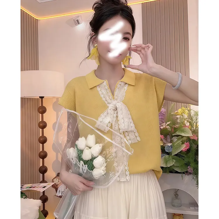 夏季网红新款立领气质拼接蕾丝透气短袖时尚洋气显瘦休闲针织上衣