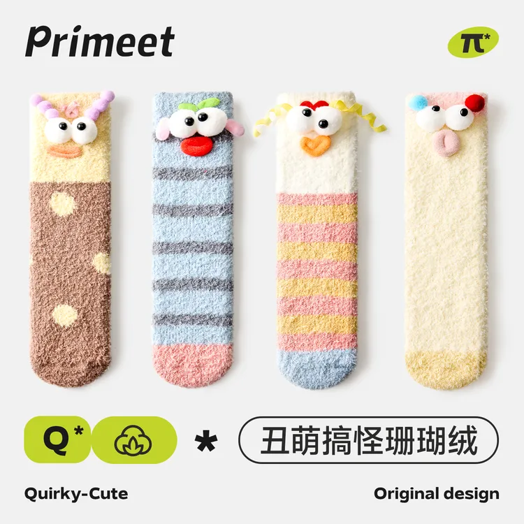 primeet派米珊瑚绒袜子女秋冬加绒加厚保暖中筒袜可爱卡通地板袜