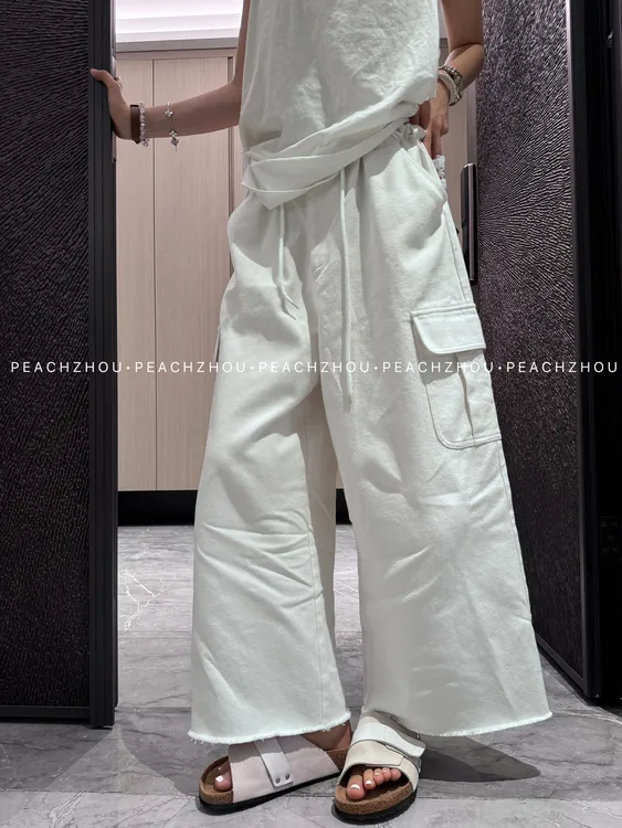 『PEACHZHOU』毛边工褶大口袋抽绳调节扣宽松工装休闲阔腿九分裤女