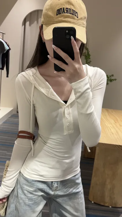 连帽长袖时尚修身型杂志风INS风T恤网红洋气休闲百搭显瘦设计感