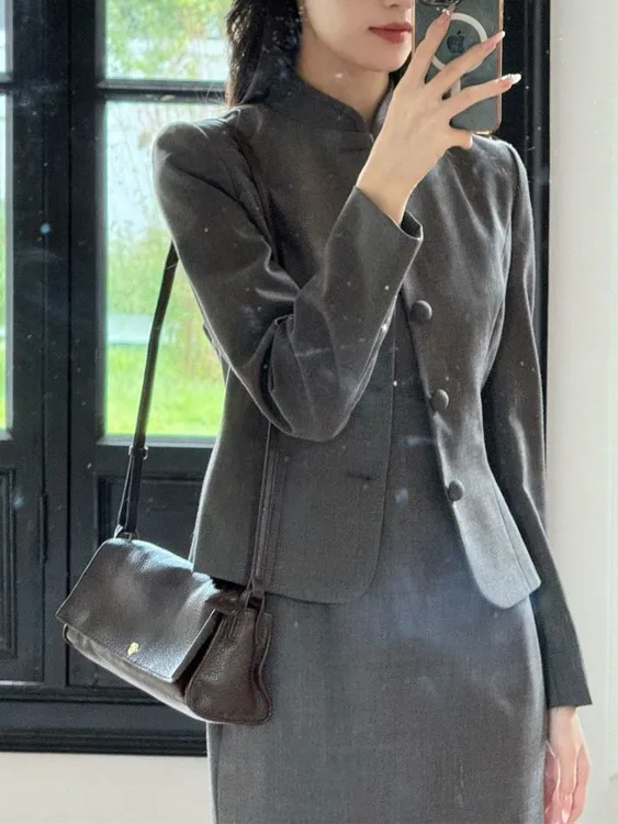 中式高级西装收腰外套秋季国风新款立领气质旗袍连衣裙套装两件套