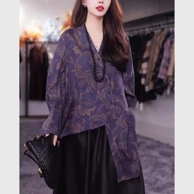 新中式国风套装高端精致减龄巨好看的紫色印花上衣2025年早秋新款