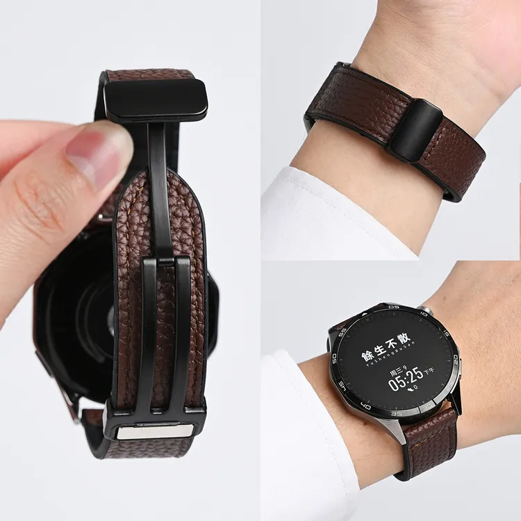 适用华为GT5/4荔枝纹真皮硅胶watch5/3pro磁吸折叠柔软商务手表带