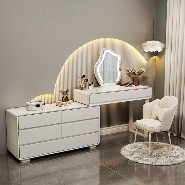 实木岩板化妆卧室梳妆台新款奶油一体简约现代化妆台收纳妆桌