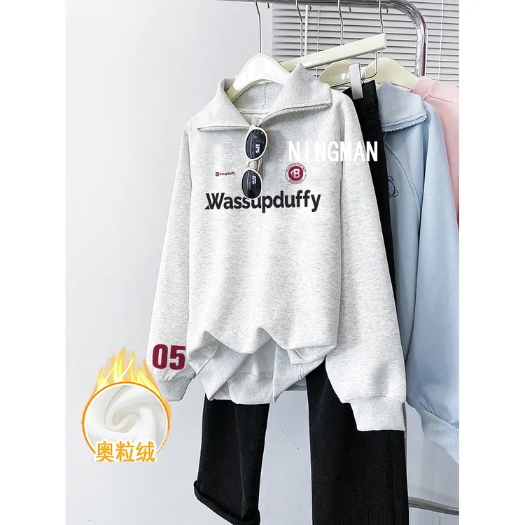 【001-038常规/加绒】秋冬半拉链加绒韩系卫衣polo领女宽松套头上衣