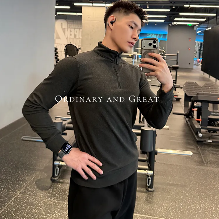 秋冬暖羊绒保暖立领半拉链长袖男修身简约显壮收腰打底衫健身衣