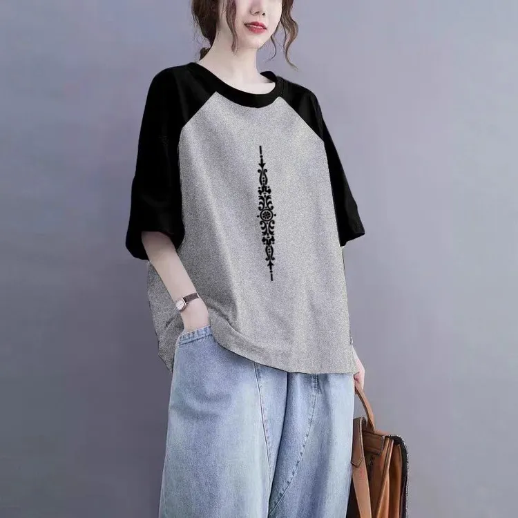 100%棉插肩袖短袖T恤女夏大码200斤宽松显瘦洋气时尚减龄印花上衣