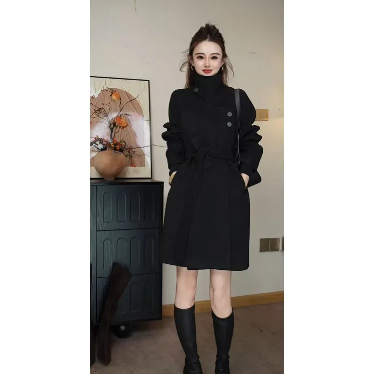 气质2025年冬季新款高级感中长款半高领小个子大衣外套