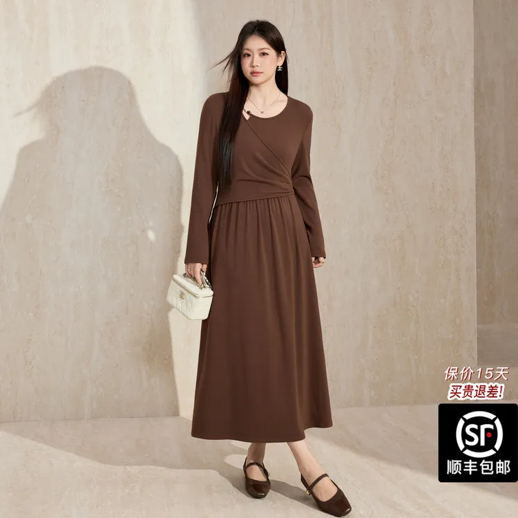 蓝语大码女装气质圆领串珠镂空修身连衣裙2025秋冬款显瘦A字长裙