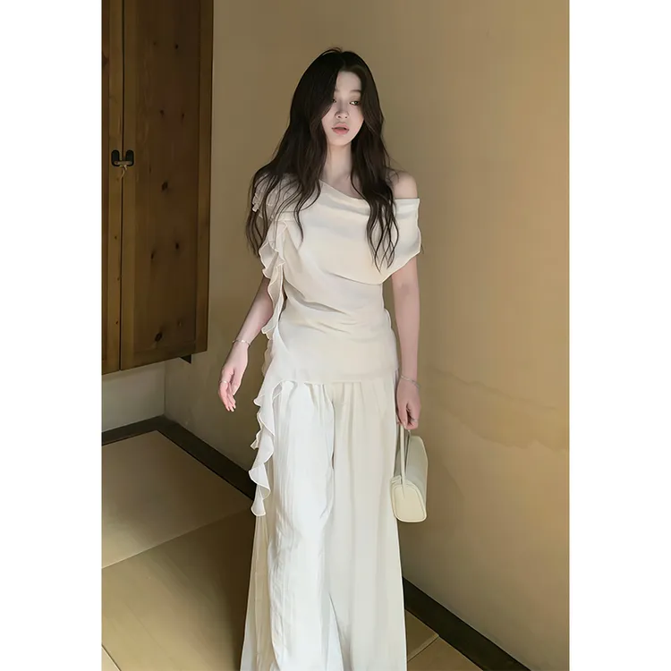 荡领立体花朵设计感背心女夏季荷叶边斜肩无袖上衣休闲裤子两件套