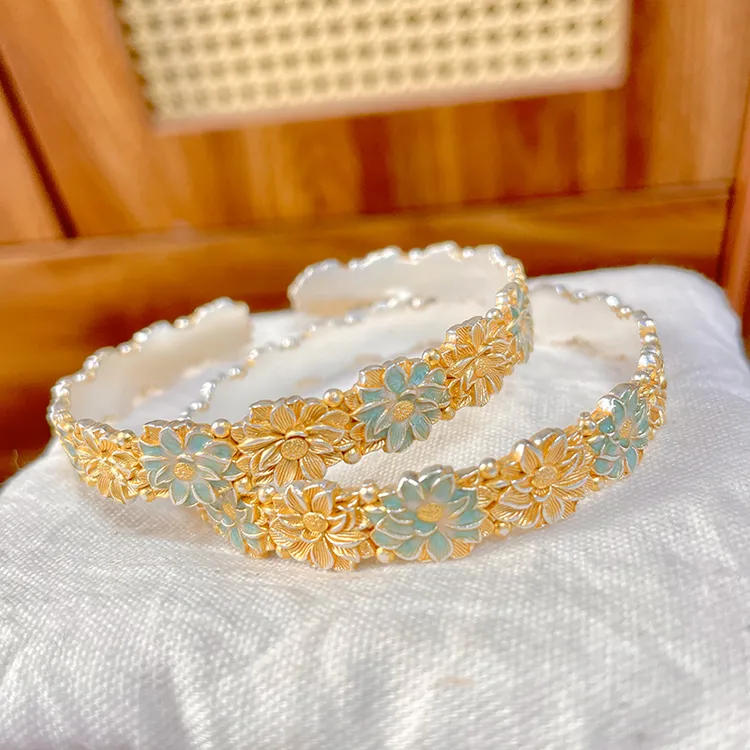 足银珐琅手镯 「岚风序」足银999.9宫廷花瓣手镯女国风开口银手镯