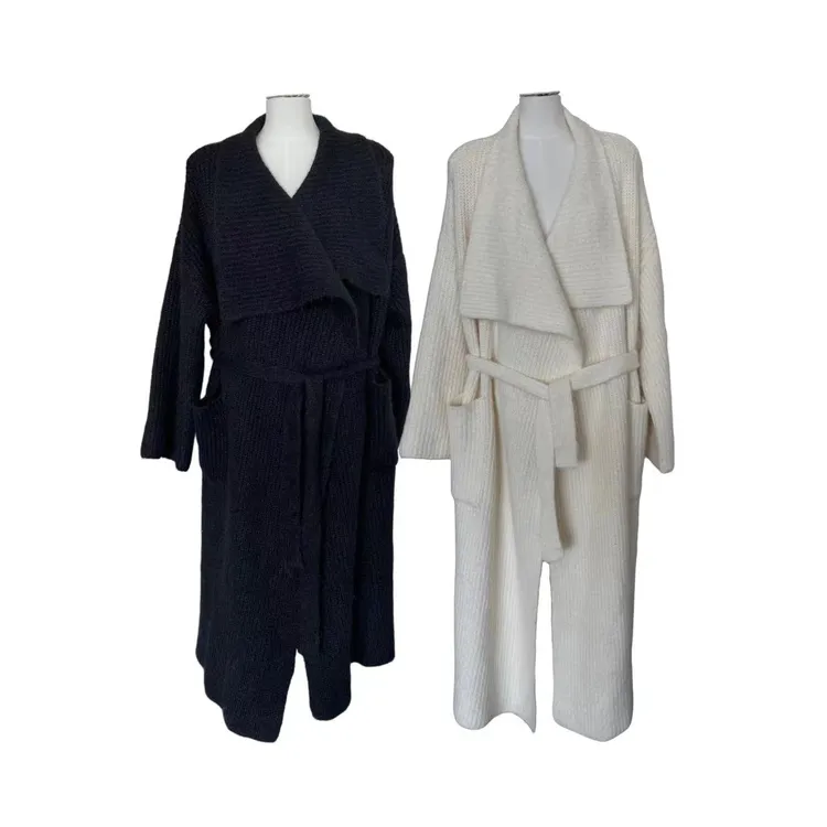 M88858新款秋冬时尚百搭宽松显瘦中长款大翻领系带针织毛衣外套