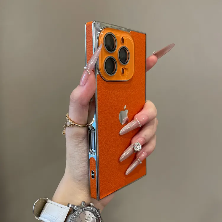 高颜值爱玛橙方形荔枝纹适用iPhone16手机壳15pro新款14防摔13pm