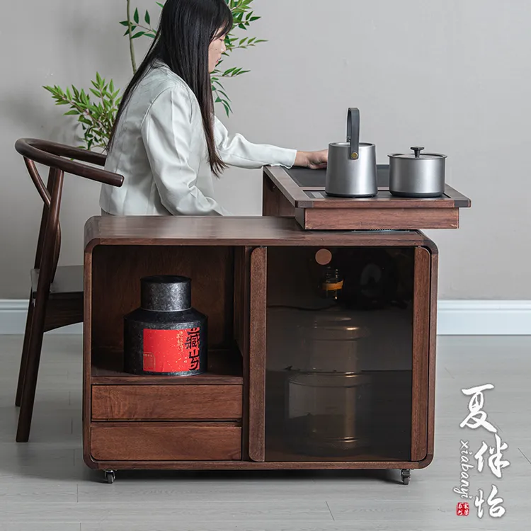 可移动旋转茶台烧水壶一体家用阳台小茶桌轻奢高级感实木茶车边柜