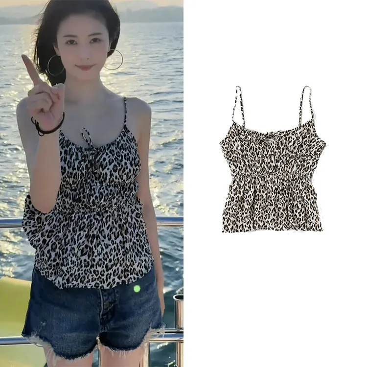 Miss Judy白鹿同款豹纹度假风小宽松系带吊带背心洋气百搭上衣夏