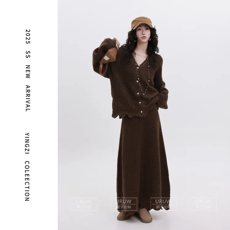 颖子定制【艺术旅途】气质时尚亮片针织开衫简约百搭高腰长裙2027