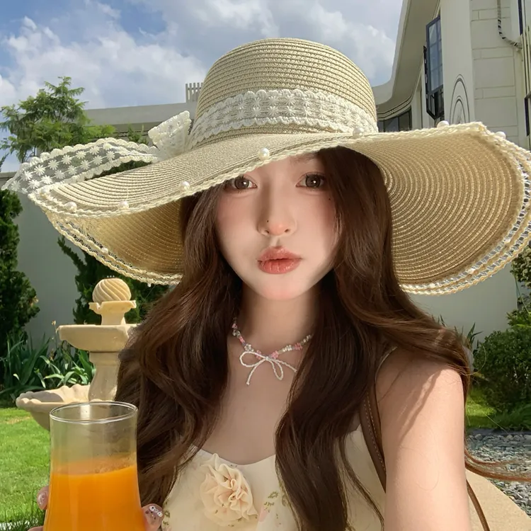 夏季法式草编帽女大帽檐海边沙滩度假蝴蝶结蕾丝遮阳防晒太阳帽子