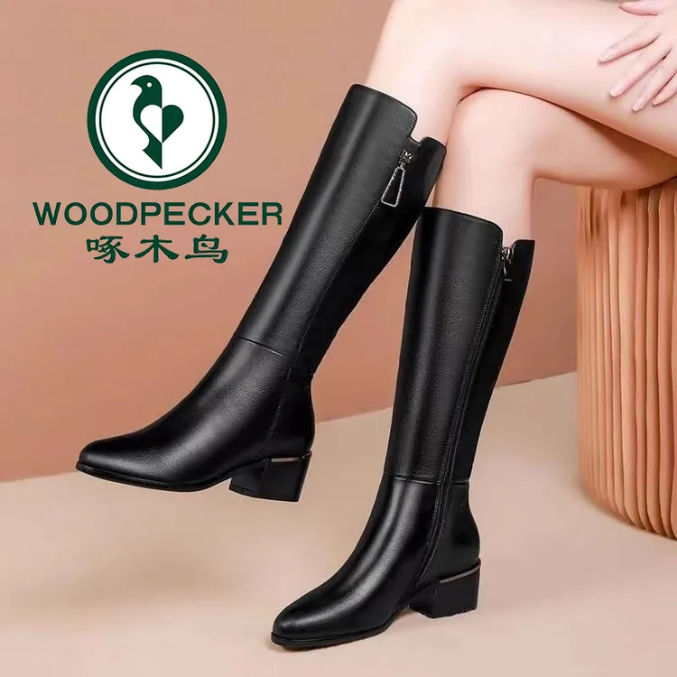 啄木鸟软皮长筒靴女粗跟高筒靴2025年秋冬新款百搭高跟圆头骑士靴